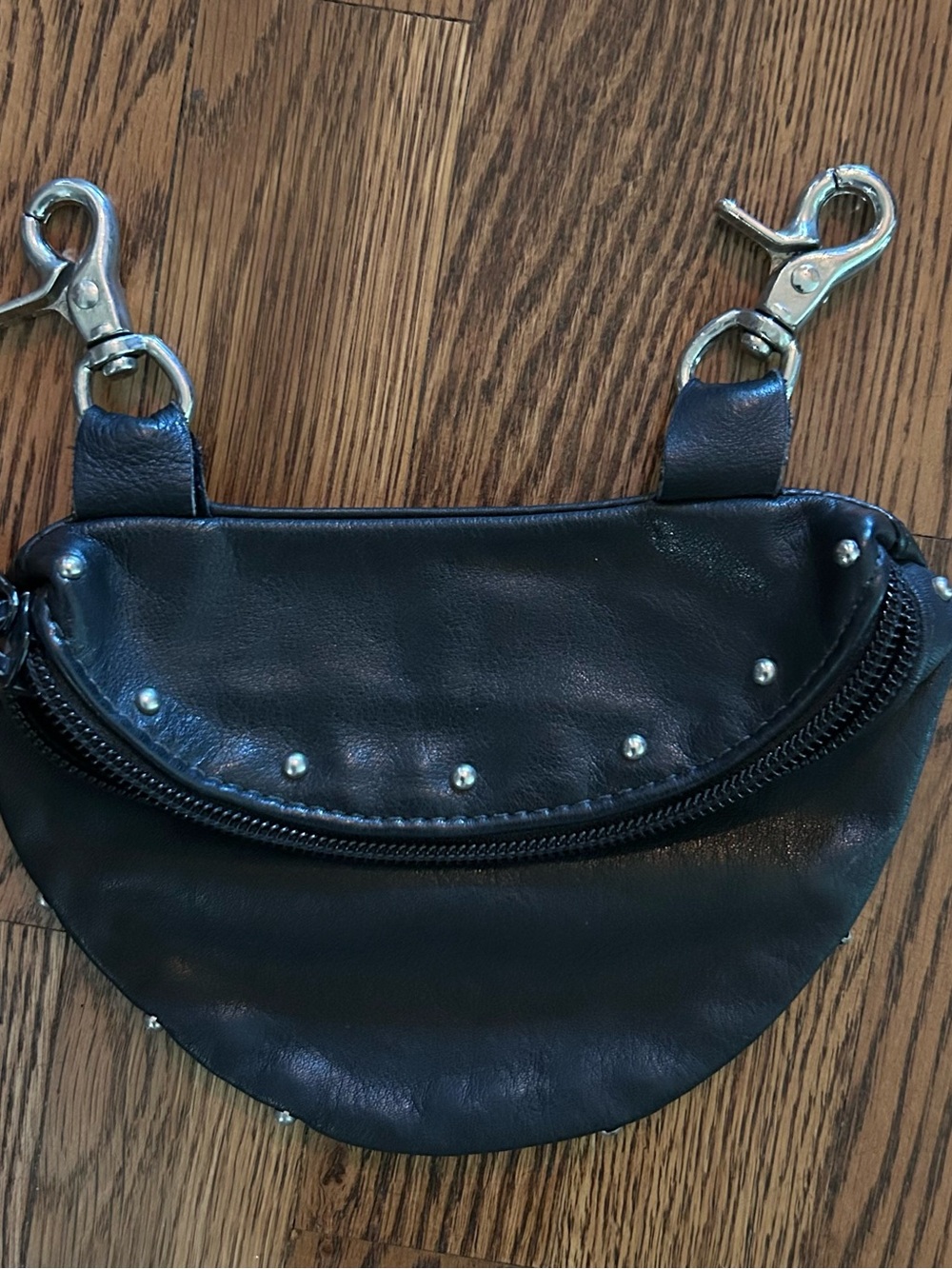 Black Mini Leather Clip-On Belt Bag with Silver Studs